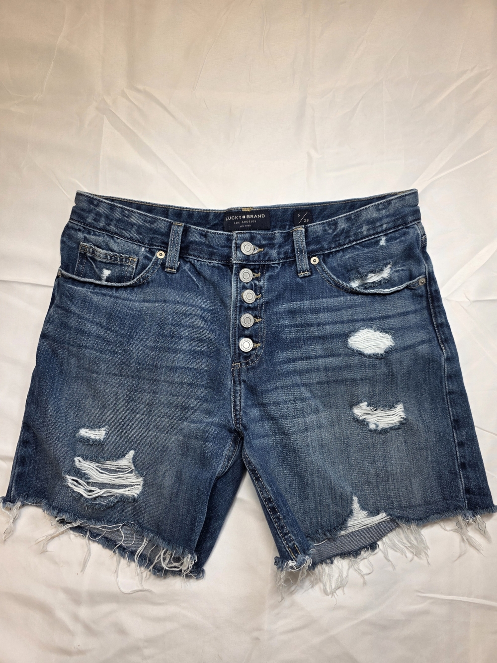 Lucky Brand Blue Distressed Button-Fly Jean Boyfriend Shorts Size 6 / 28 Denim